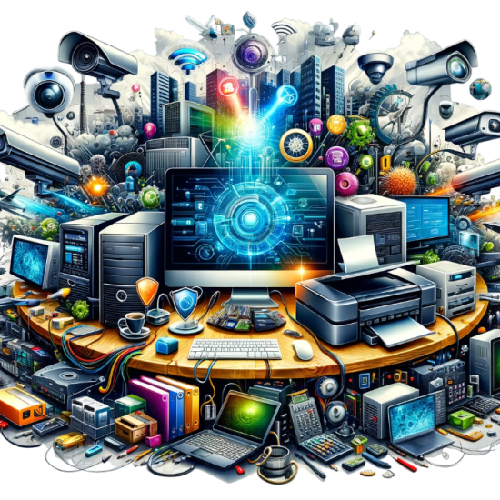 variety of technology elements such as computing systems, printers, networking items, IT peripherals, security software, IT infrastructure products, and CCTV, all in one scene.